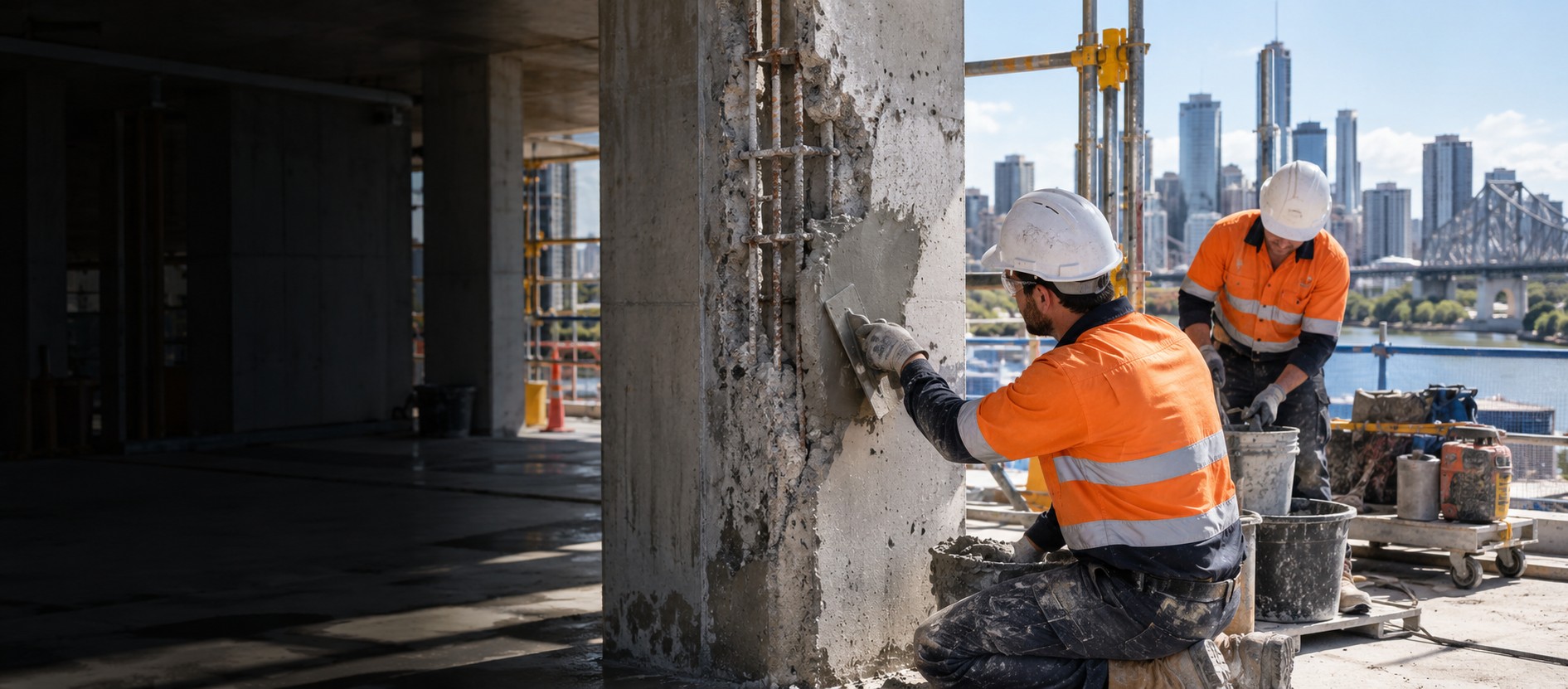 Concrete repair specialists working on a damaged structural column